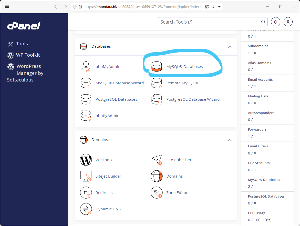 Menu MySQL Databases pada cPanel