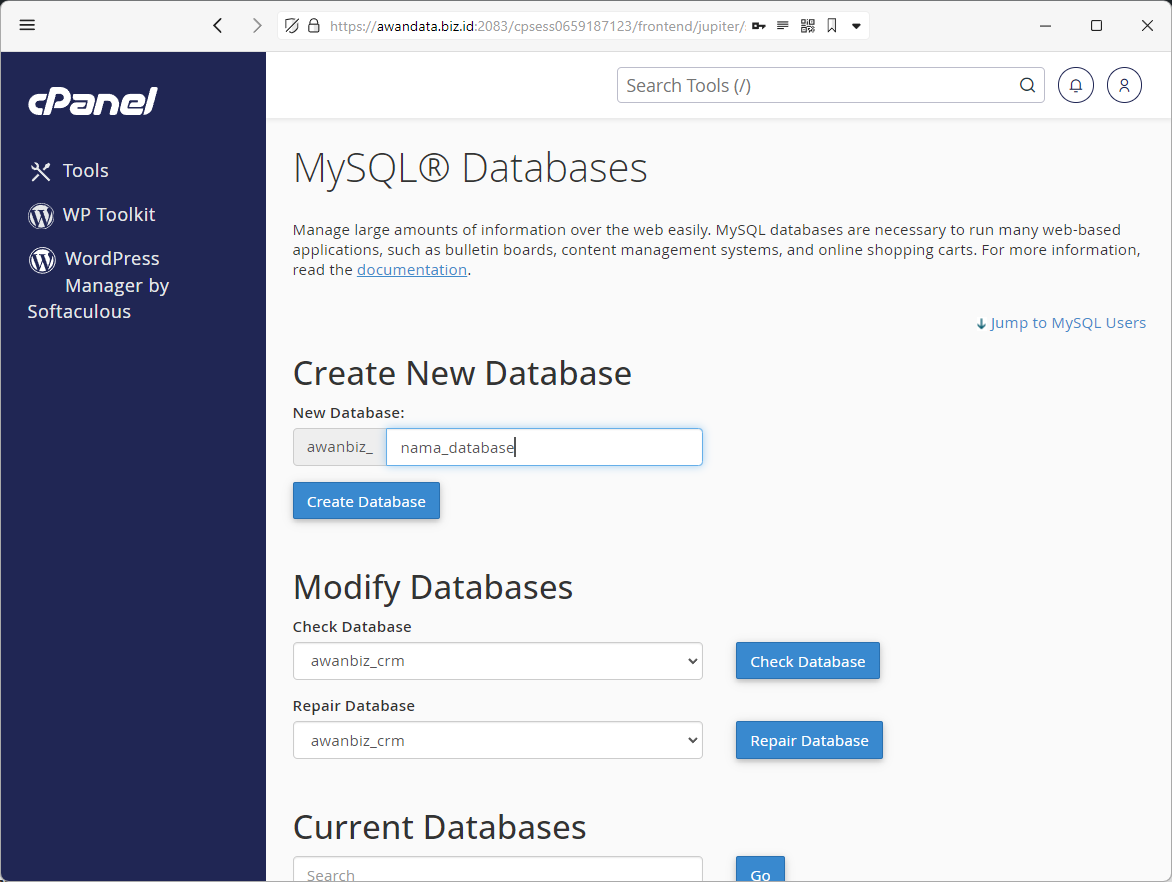 Menu MySQL Databases pada cPanel