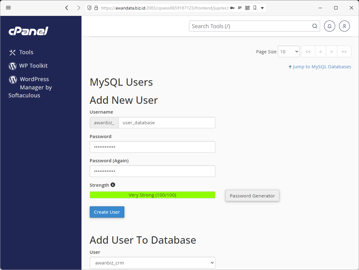 Form pembuatan user database di cPanel