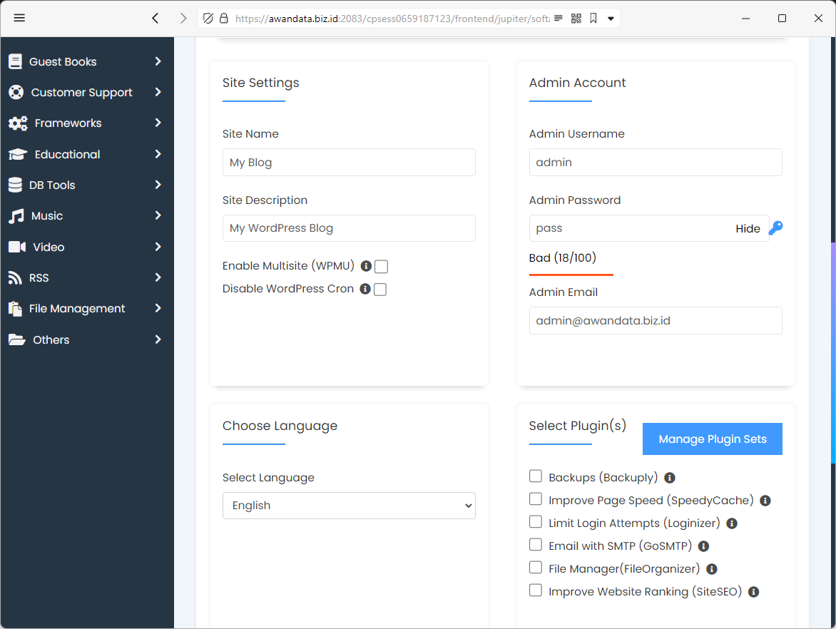 Form konfigurasi instalasi WordPress di Softaculous