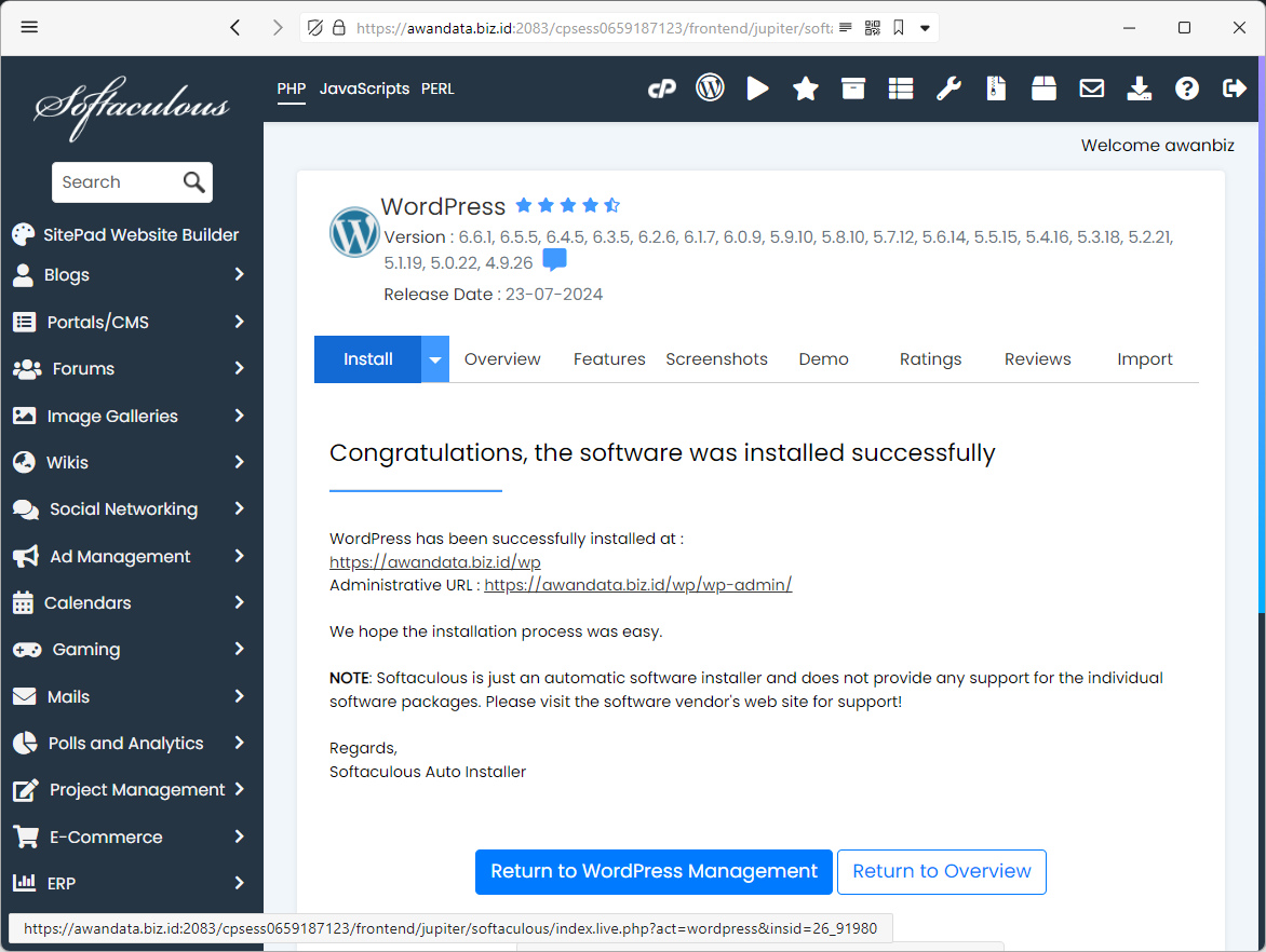 Notifikasi berhasil instalasi WordPress di Softaculous