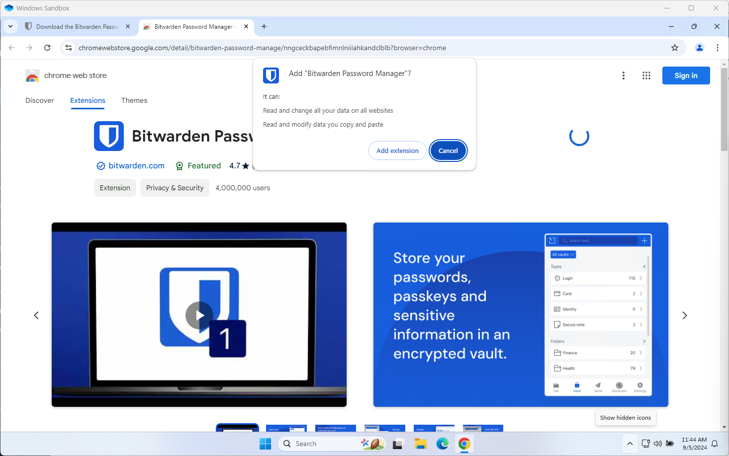 Gambar menunjukkan proses instalasi ekstensi Bitwarden di browser dengan ikon Bitwarden yang muncul di toolbar