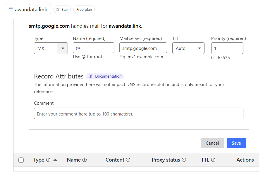 Tangkapan layar pengelolaan rekaman DNS di Cloudflare